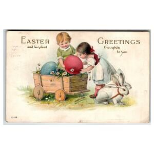 1916 Embossed Easter Postcard Children Wagon Eggs Rabbit Vintage Greetings